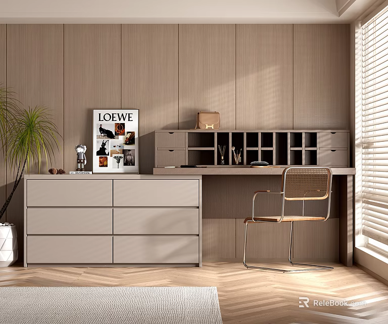 Modern Gray Dresser Interior With Wooden Wall Chair Potted Plant And Decor Items 3d model 