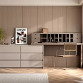 Modern Gray Dresser Interior With Wooden Wall Chair Potted Plant And Decor Items