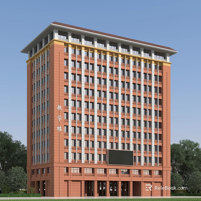 Red Brick School Building With Multi Story Structure Large Windows And Trees 3d model