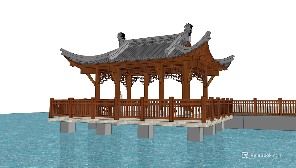 Traditional Chinese Pavilion Structure Over Water With Wooden Railings And Tile Roof 3d model 