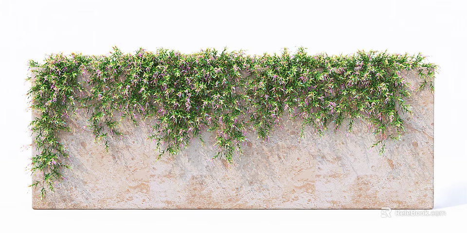 Lush Green Vines With Purple Flowers Growing On Weathered Stone Wall 3d model 