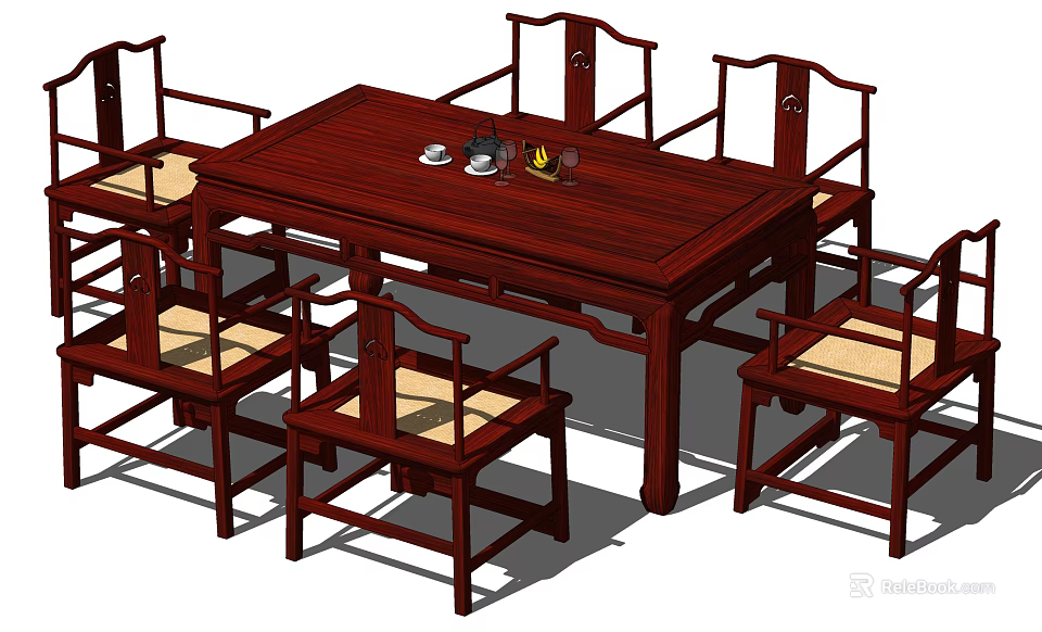 Traditional Chinese Solid Wood Dining Table Set With Chairs Tea Set And Fruit 3d model