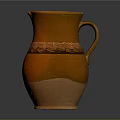 Carved Orange Earthenware Jug with Intricate Wave Patterns and Handle