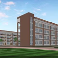 Red Brick School Building With Symmetrical Structure Large Glass Windows Plaza And Palm Trees