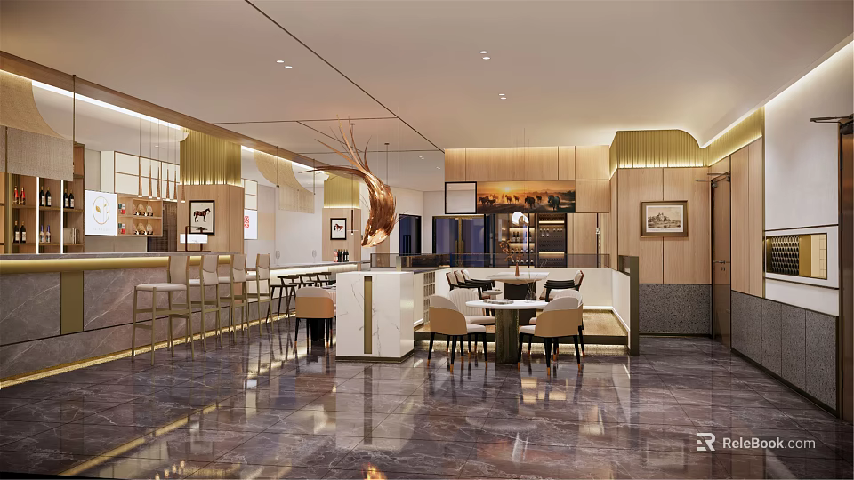 Elegant Modern Restaurant Interior With Marble Floor Bar Counter And Dining Tables 3d model 