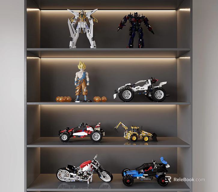 Action Figures And Various Toys Displayed On Shelves With Lights 3d model 