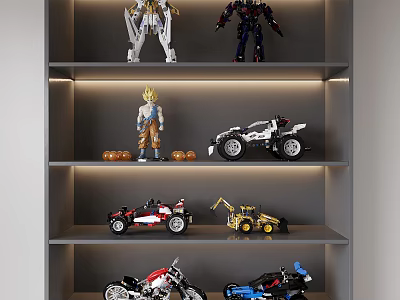 Action Figures And Various Toys Displayed On Shelves With Lights 3d model