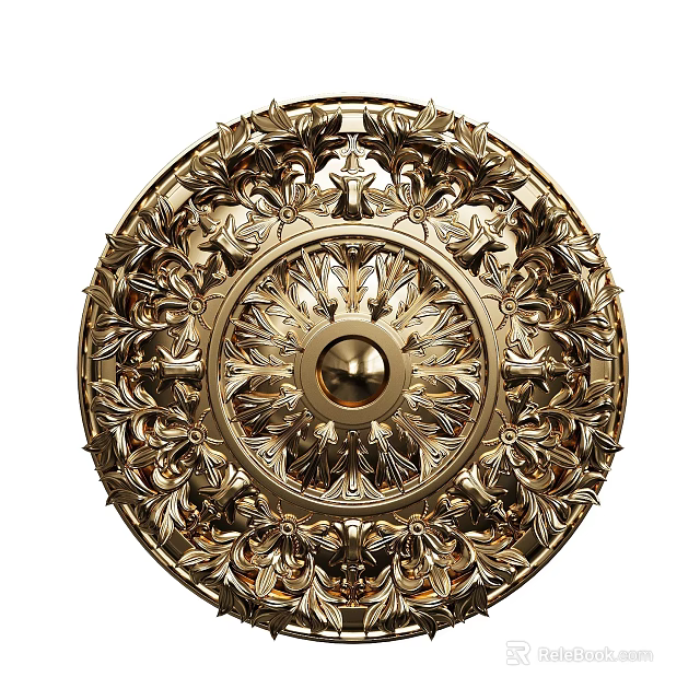 Golden Classical Ceiling Medallion with Intricate Leaf Patterns and Circular Central Design 3d model