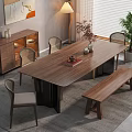Modern Solid Wood Dining Table Set with Chairs and Bench in Interior Space 3d model