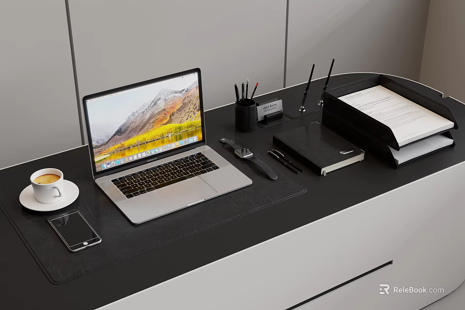 Modern Office Desk Setup With Laptop Coffee Cup Smartphone And Stationery 3d model 