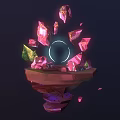 3D Rendered Scene With Hexagonal Platform Purple Pink Polygonal Crystals And Glowing Blue Ring
