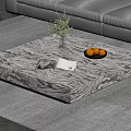 Square Marble Patterned Coffee Table With Green Plant Magazine And Oranges On Gray Rug