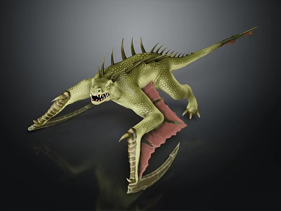 Green Fantasy Creature With Spikes Long Tail Open Mouth Red Wings And Claws 3d model