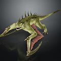 Green Fantasy Creature With Spikes Long Tail Open Mouth Red Wings And Claws