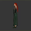 Woman with red hair wearing green corset and long dress with black gloves