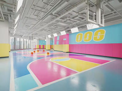 Vibrant Indoor Basketball Court With Colorful Flooring And Basketball Hoops 3d model