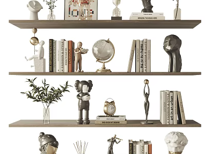 Decorative Ornament Sets On Wooden Shelves With Books Globe Sculptures And Green Plants 3d model