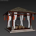 Outdoor Nighttime Shower Sauna Pavilion with Thatched Roof White Curtains and Hanging Lanterns