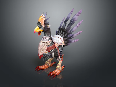 Fantasy Bird Character In Decorative Armor With Purple Feathers Sharp Claws And Helmet Headpiece 3d model