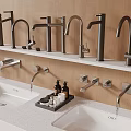 Bathroom Faucets And Sinks Display With Wooden Wall And Toiletries On Countertop