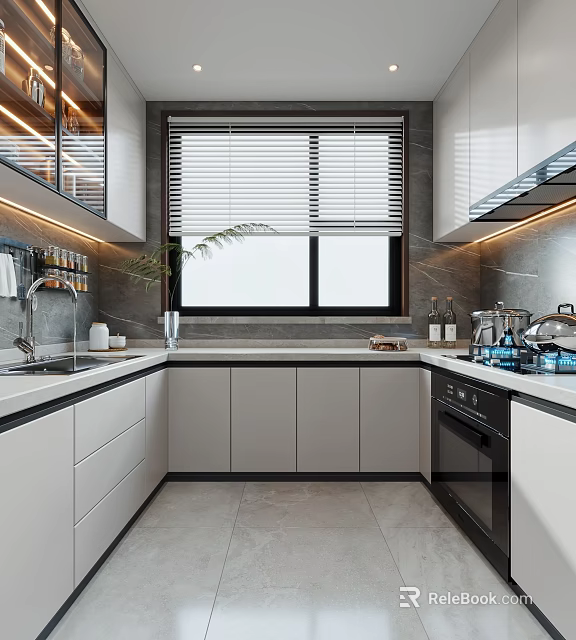 Modern Kitchen Interior With White Cabinets Gray Countertops And Window Blinds 3d model 