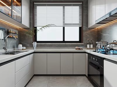 Modern Kitchen Interior With White Cabinets Gray Countertops And Window Blinds 3d model