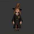 Man In Wizard Costume With Pointed Hat Black Robe And Badge Standing