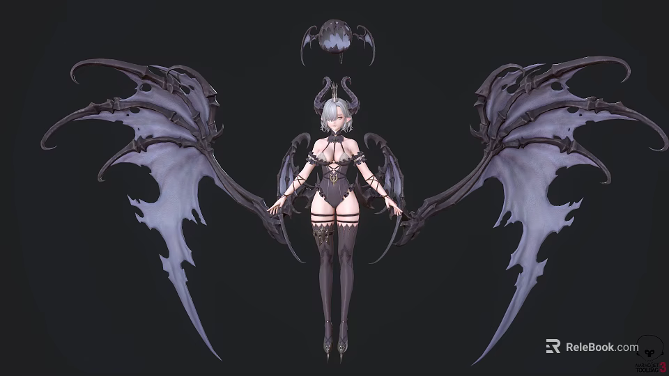 Dark Fantasy Game Character With Large Black Wings Silver Hair Tight Spiked Outfit Stockings 3d model 