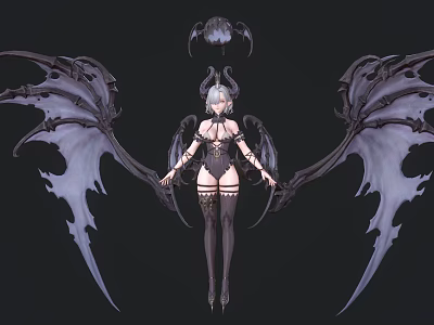 Dark Fantasy Game Character With Large Black Wings Silver Hair Tight Spiked Outfit Stockings 3d model