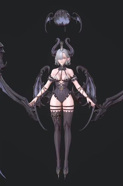Dark Fantasy Game Character With Large Black Wings Silver Hair Tight Spiked Outfit Stockings 3d model