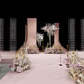Elegant Wedding Stage With Pink Backdrop Crystal Hangings And Flower Decorations