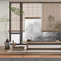 Tea Table And Chairs With Bamboo Blinds Misty Mountain View Potted Plant And Tea Set