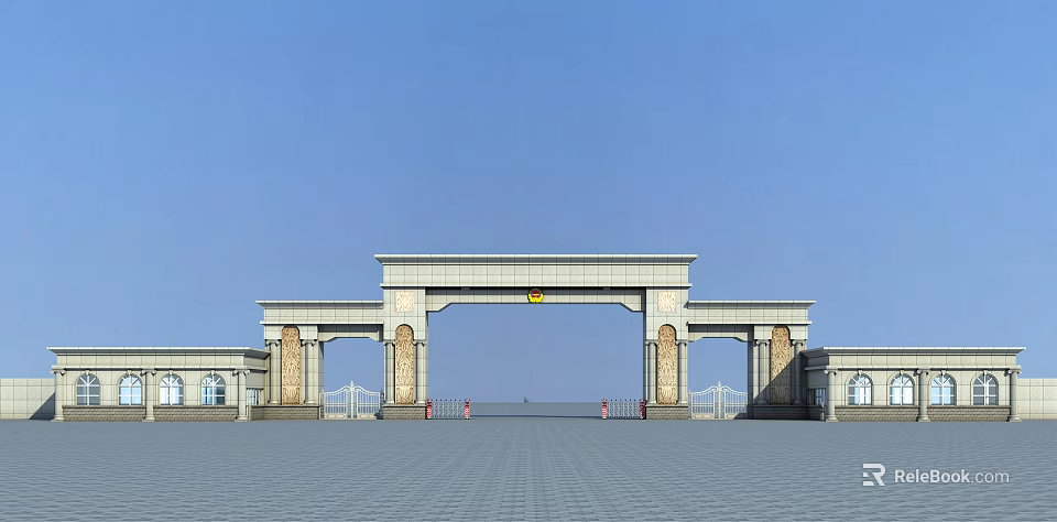 Classical Grand Gate With Symmetrical Arches And Light Stone Structure Under Blue Sky 3d model