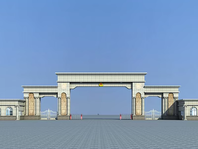 Classical Grand Gate With Symmetrical Arches And Light Stone Structure Under Blue Sky 3d model