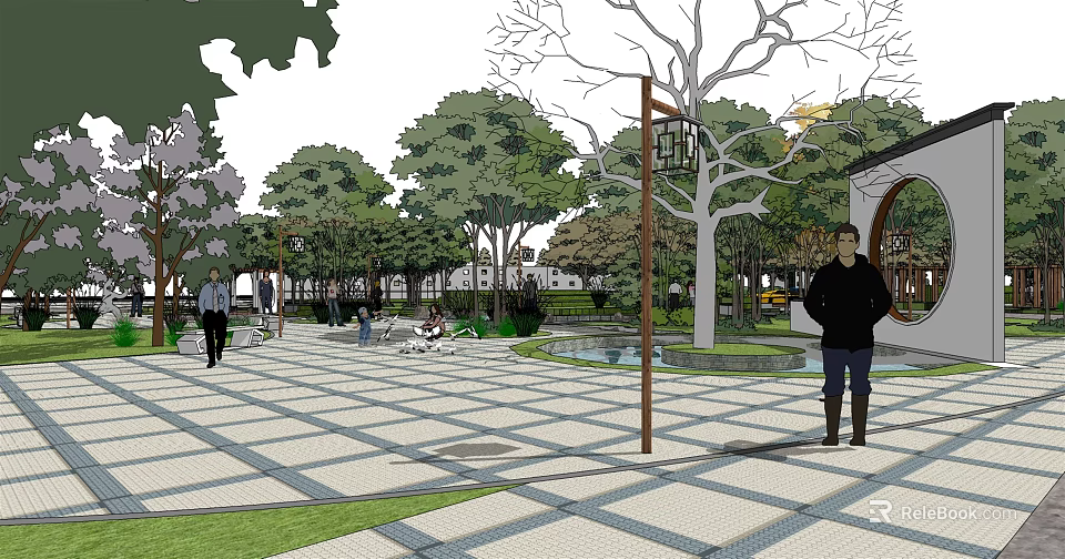 Residential Landscape Featuring Paved Plaza Green Trees Water Feature Lawn And Pedestrians 3d model 
