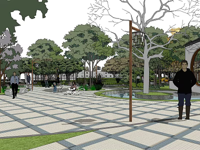 Residential Landscape Featuring Paved Plaza Green Trees Water Feature Lawn And Pedestrians 3d model