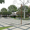 Residential Landscape Featuring Paved Plaza Green Trees Water Feature Lawn And Pedestrians