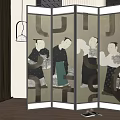 Folding Room Divider Screen With Figural Prints In Modern Interior Decor 3d model