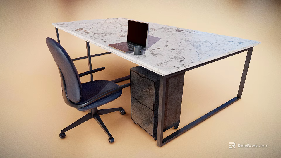 Modern Office Desk With Marble Top Blue Chair Laptop And Drawer Cabinet 3d model 