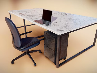 Modern Office Desk With Marble Top Blue Chair Laptop And Drawer Cabinet 3d model