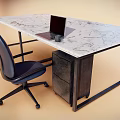 Modern Office Desk With Marble Top Blue Chair Laptop And Drawer Cabinet