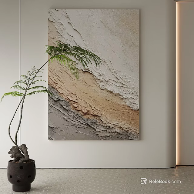 Abstract Painting With Textured Neutral Tones In Minimalist Interior With Green Fern 3d model 