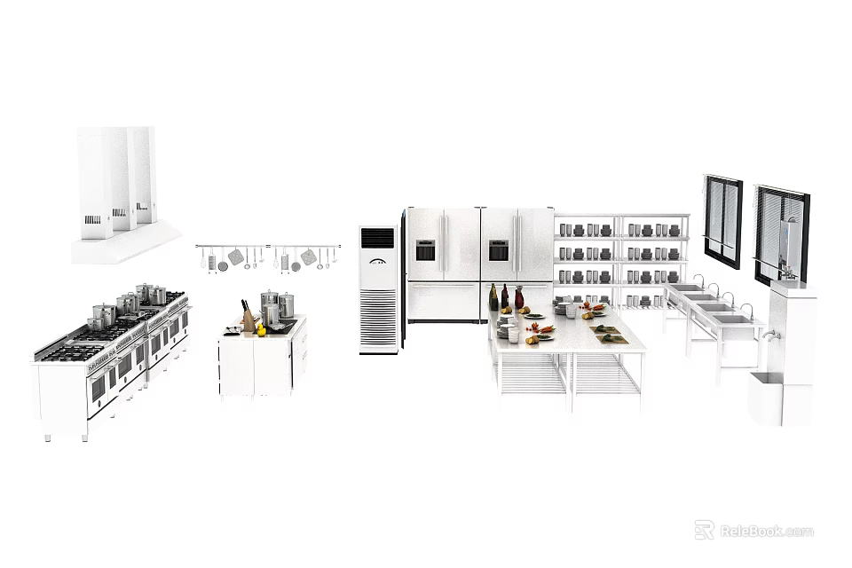 Modern White Kitchen Interior With Essential Appliances Stove Refrigerator And Island 3d model 