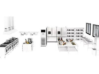 Modern White Kitchen Interior With Essential Appliances Stove Refrigerator And Island 3d model