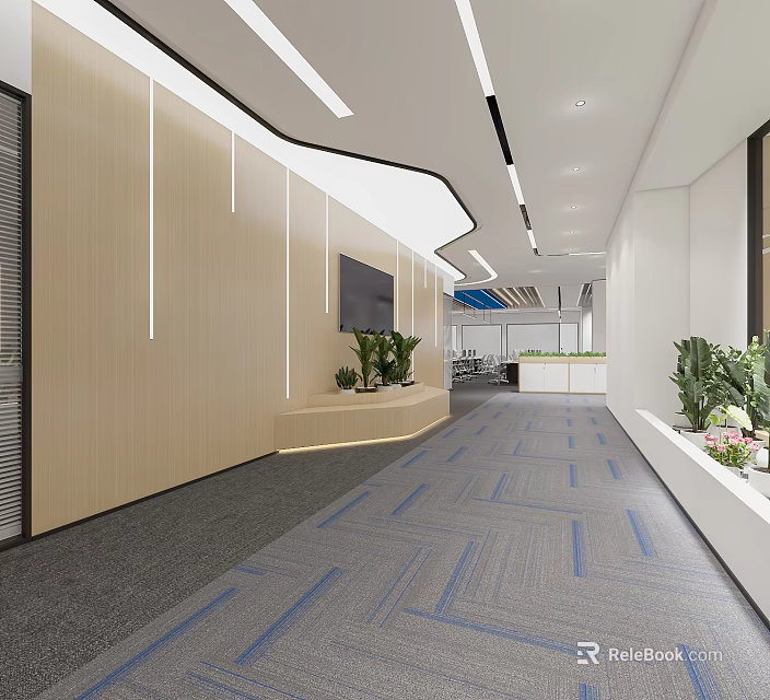 Modern Public Office Space With Corridor Blue Carpet Wooden Walls Green Plants And TV Screen 3d model 