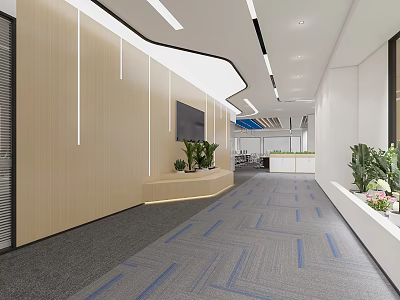 Modern Public Office Space With Corridor Blue Carpet Wooden Walls Green Plants And TV Screen 3d model