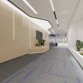 Modern Public Office Space With Corridor Blue Carpet Wooden Walls Green Plants And TV Screen