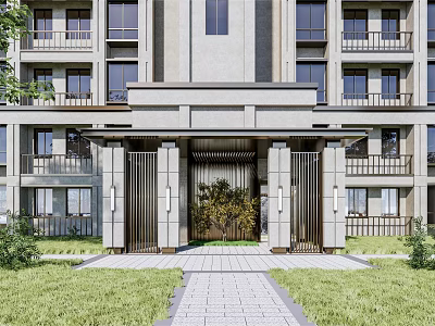 Modern Entrance Gate of Residential Building with Columns Landscaped Pathway and Green Plants 3d model
