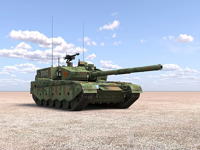 Modern Military Tank With Cannon And Antenna In Open Field Under Cloudy Sky 3d model