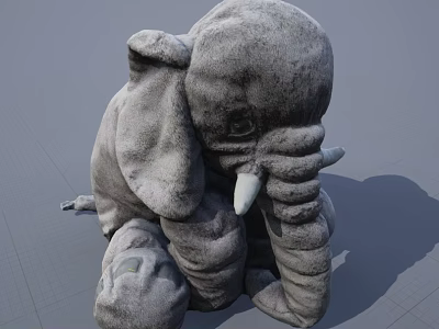 Gray Stuffed Elephant Toy with Textured Surface and Detailed White Tusks 3d model